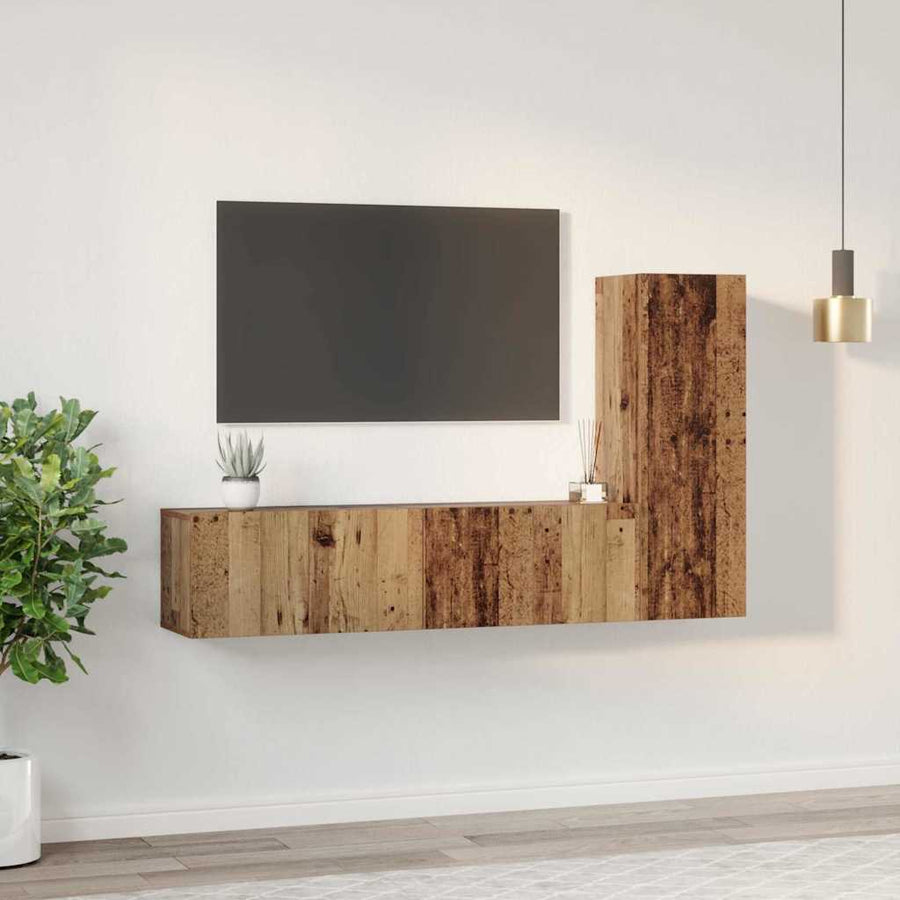 Tv-meubelset met plank Wandgemonteerd met opslag met de deur 3 pcs Oud hout 150.5 x 30 x 90 cm