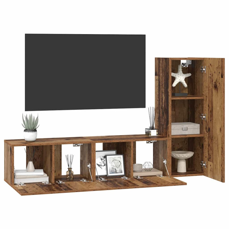 Tv-meubelset met plank Wandgemonteerd met opslag met de deur 3 pcs Oud hout 150.5 x 30 x 90 cm