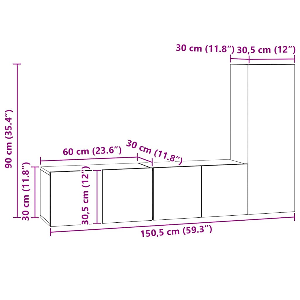 Tv-meubelset 3 pcs artisanaal eikenkleurig 150.5 x 30 x 90 cm