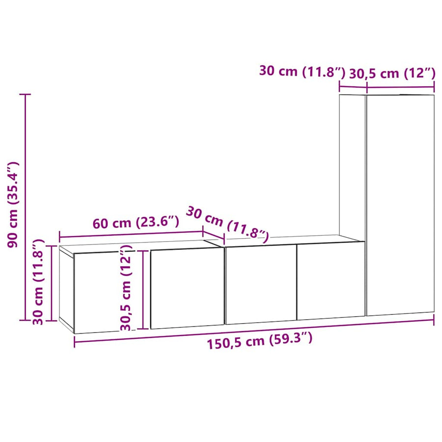 Tv-meubelset 3 pcs artisanaal eikenkleurig 150.5 x 30 x 90 cm