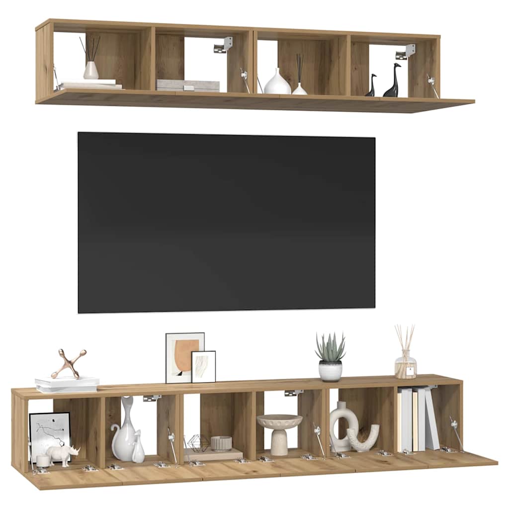 TV-kast set met plank Wandgemonteerd met opslag met de deur 5 pcs artisanaal eikenkleurig