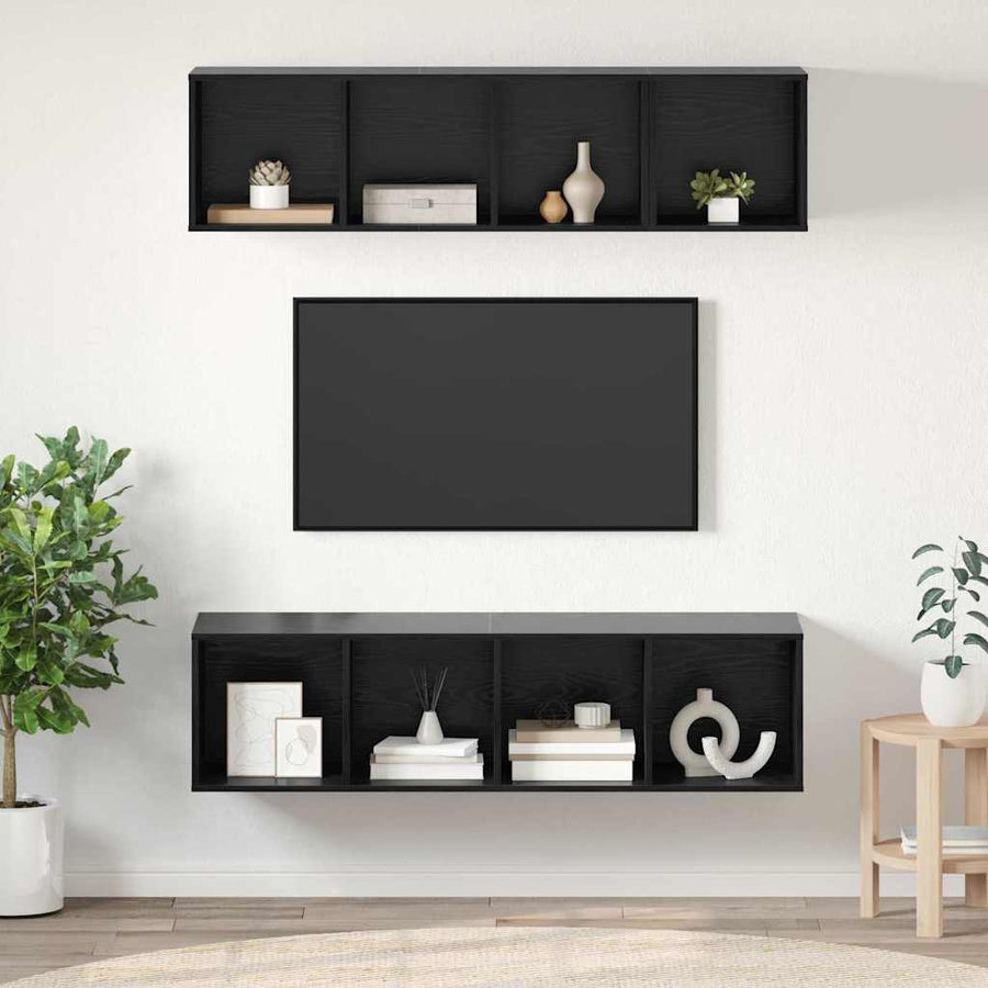 TV-kast set met plank met opslag 3 pcs Zwart eiken Bewerkt hout