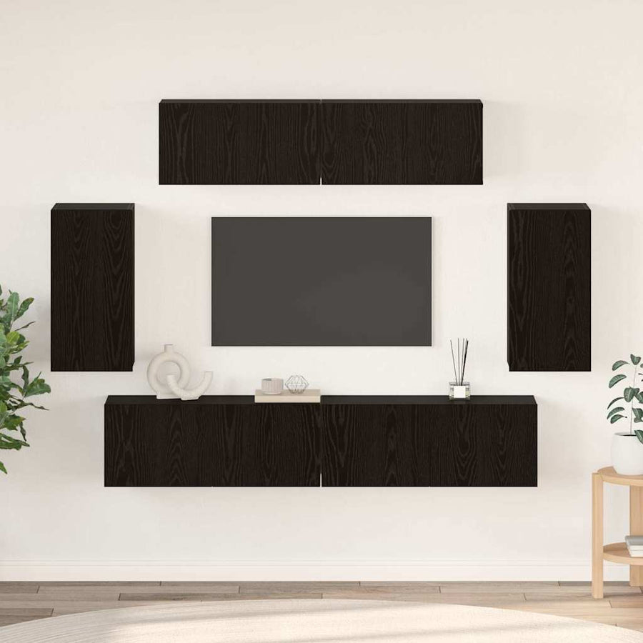 Wand TV Kast met opslag met de deur 6 pcs Zwart eiken Bewerkt hout