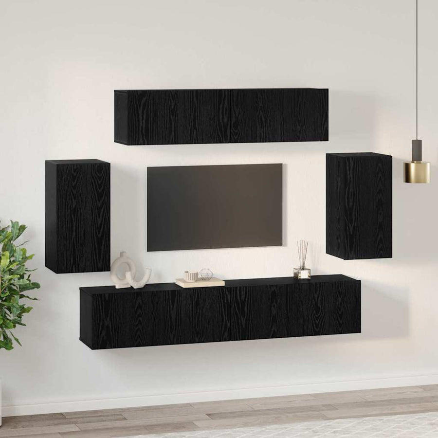 Wand TV Kast met opslag met de deur 6 pcs Zwart eiken Bewerkt hout