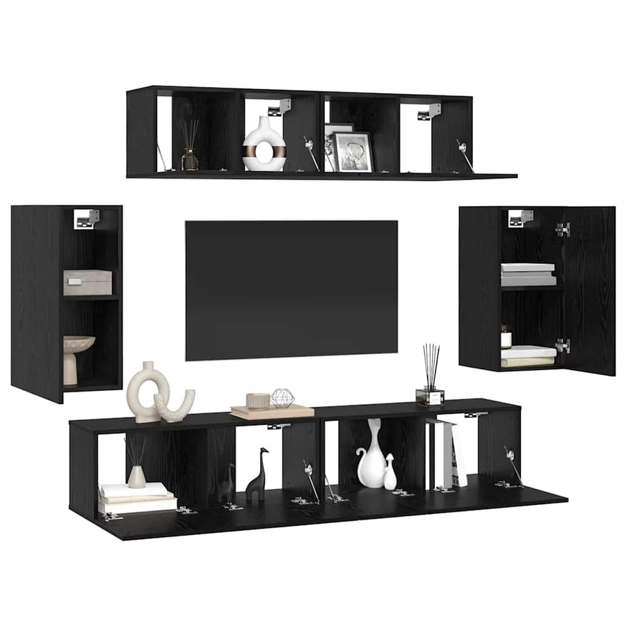 Wand TV Kast met opslag met de deur 6 pcs Zwart eiken Bewerkt hout