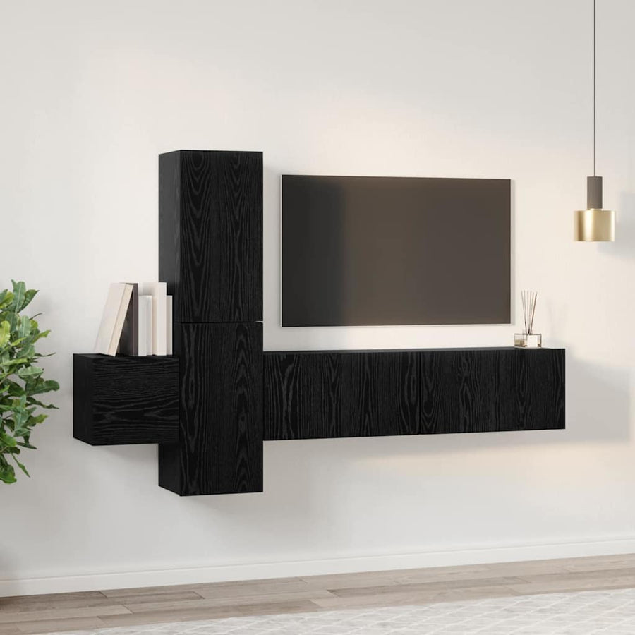 Tv-meubelset met plank Wandgemonteerd met opslag met de deur 5 pcs Zwart eiken Bewerkt hout