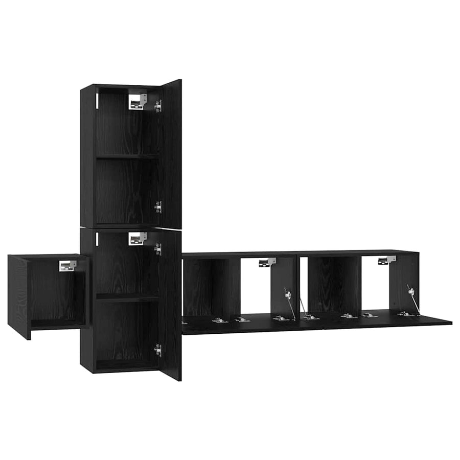 Tv-meubelset met plank Wandgemonteerd met opslag met de deur 5 pcs Zwart eiken Bewerkt hout