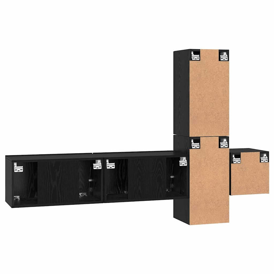Tv-meubelset met plank Wandgemonteerd met opslag met de deur 5 pcs Zwart eiken Bewerkt hout