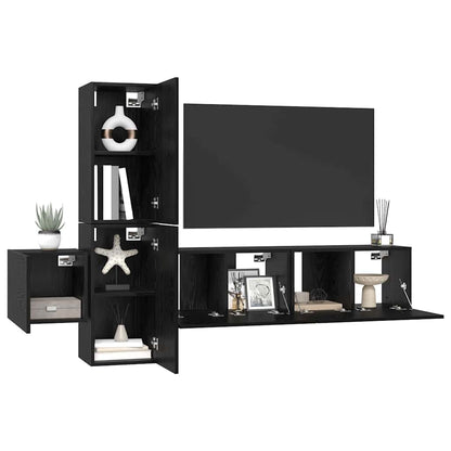 Tv-meubelset met plank Wandgemonteerd met opslag met de deur 5 pcs Zwart eiken Bewerkt hout