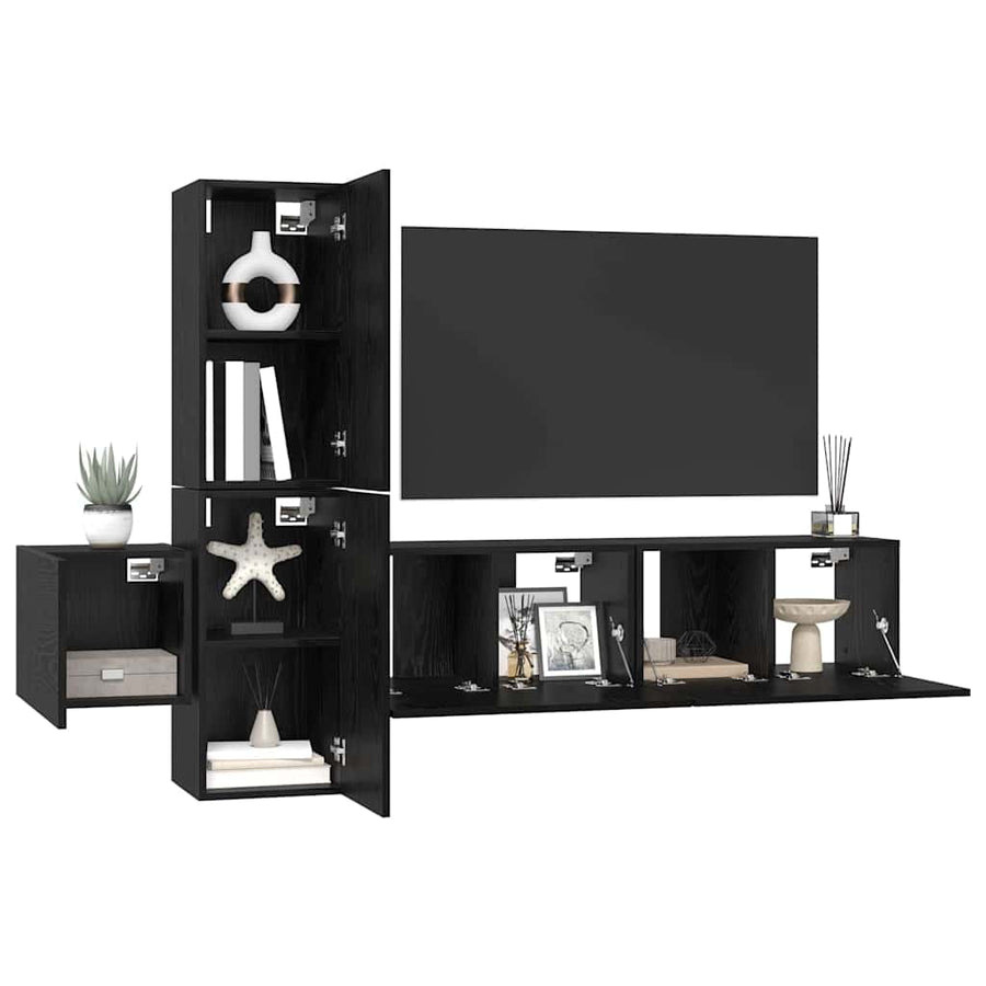 Tv-meubelset met plank Wandgemonteerd met opslag met de deur 5 pcs Zwart eiken Bewerkt hout