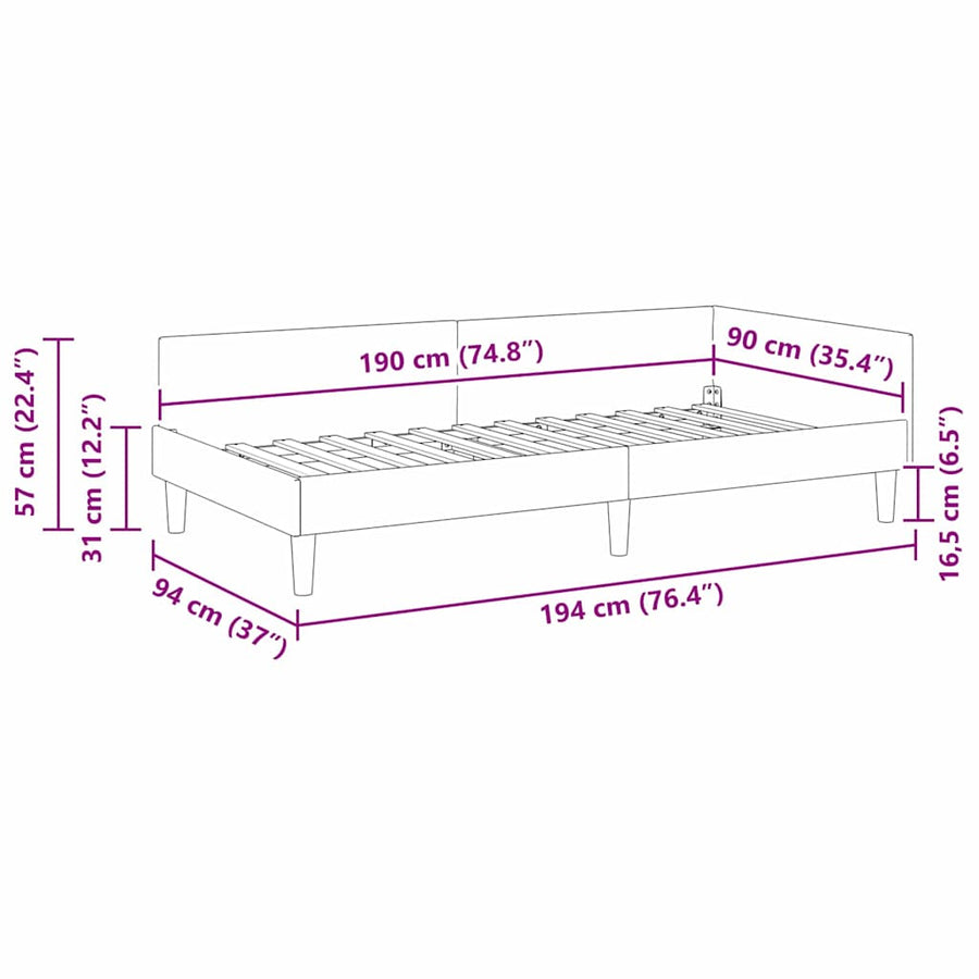 Hoek Bed Frame Donkergrijs 90 x 190 cm Stof en Geengineerd Hout