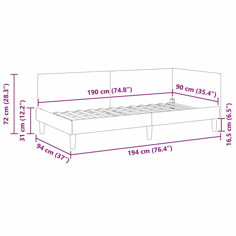Hoekbedframe Donkergrijs 90 cm x 190 cm Polyester en multiplex