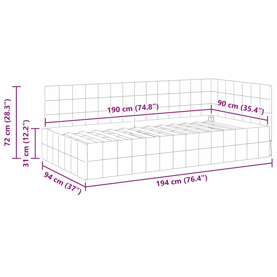 Hoekbedframe met hoofdeinde Lichtgrijs 90 cm x 190 cm Fluweel