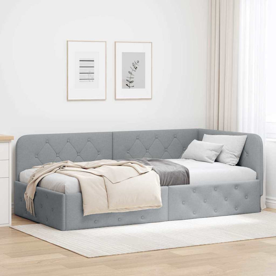 Hoekbedframe met hoofdeinde Lichtgrijs 90 x 190 cm Stof