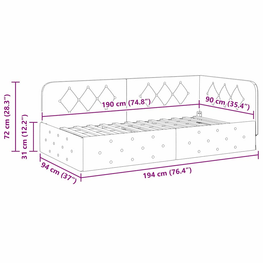 Hoekbedframe met hoofdeinde Lichtgrijs 90 x 190 cm Stof