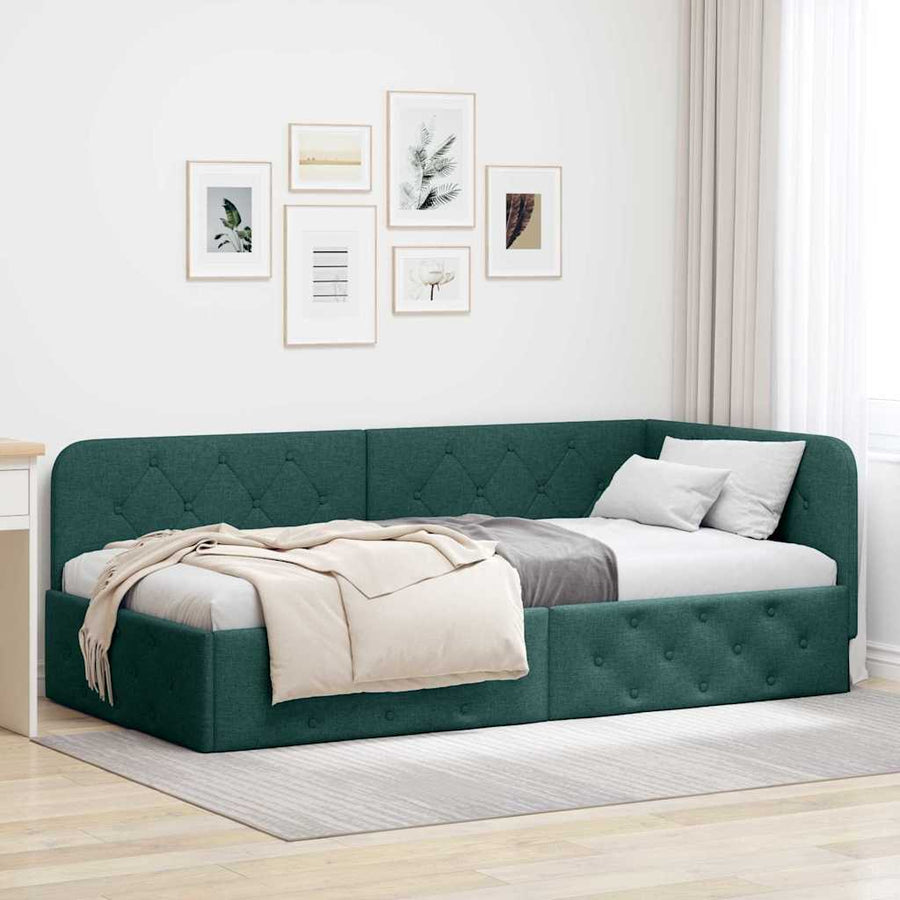 Hoekbedframe met hoofdeinde Donkergroen 90 x 190 cm Stof