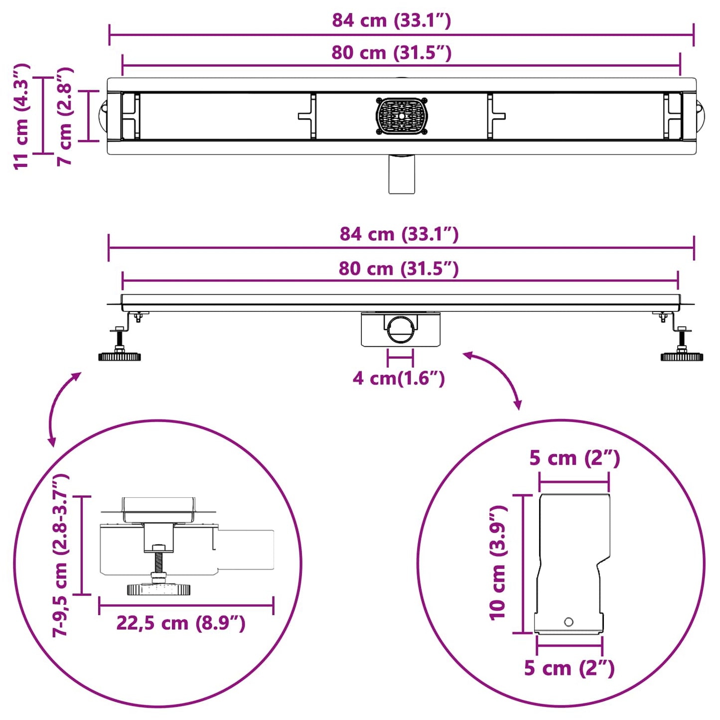Doucheafvoer 2-In-1 Met 360° Sifon 80 cm Zwart
