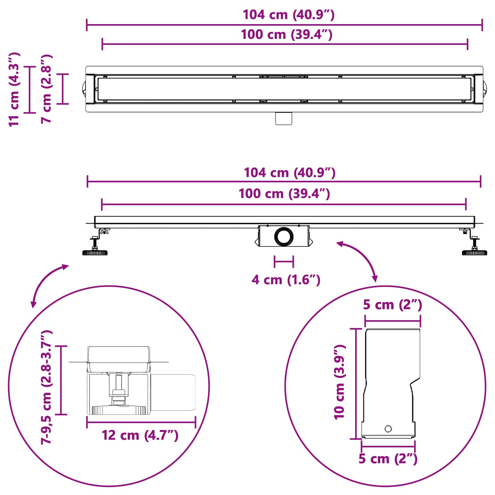 2 In 1 Doucheafvoer Roestvrij Staal 304 100 cm Zwart