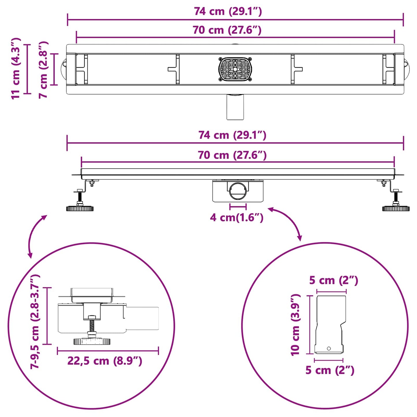 Doucheafvoer 2-in-1 met 360° Sifon Zilver 70 cm