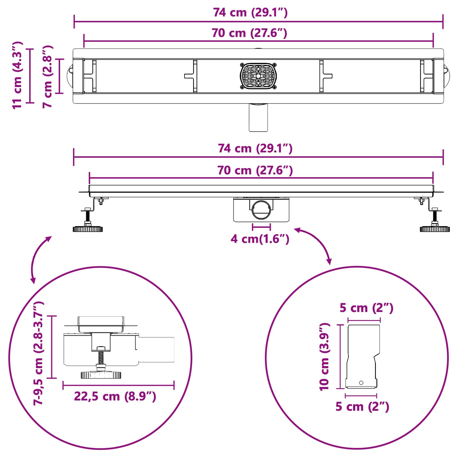 Doucheafvoer 2-in-1 met 360° Sifon Zilver 70 cm