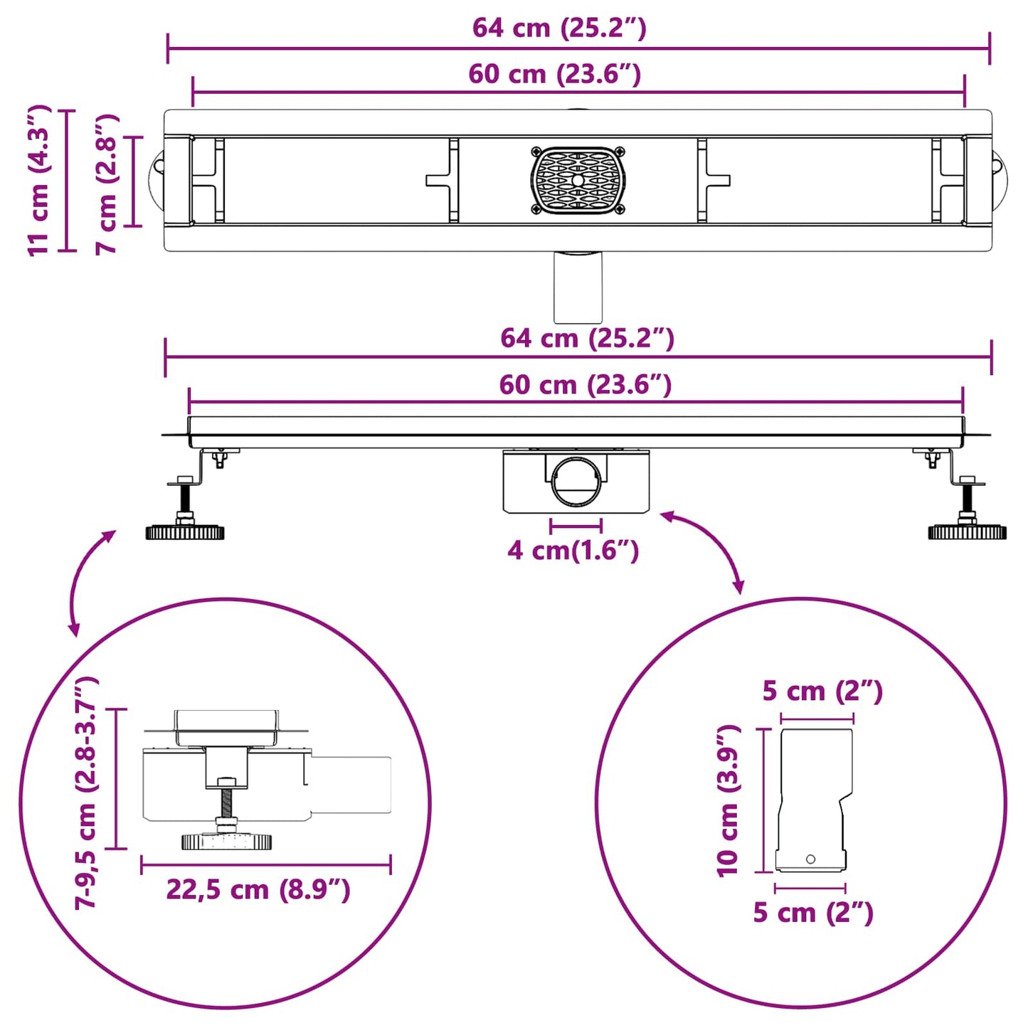 Doucheafvoer 2-in-1 met 360° Sifon Zilver 60 cm