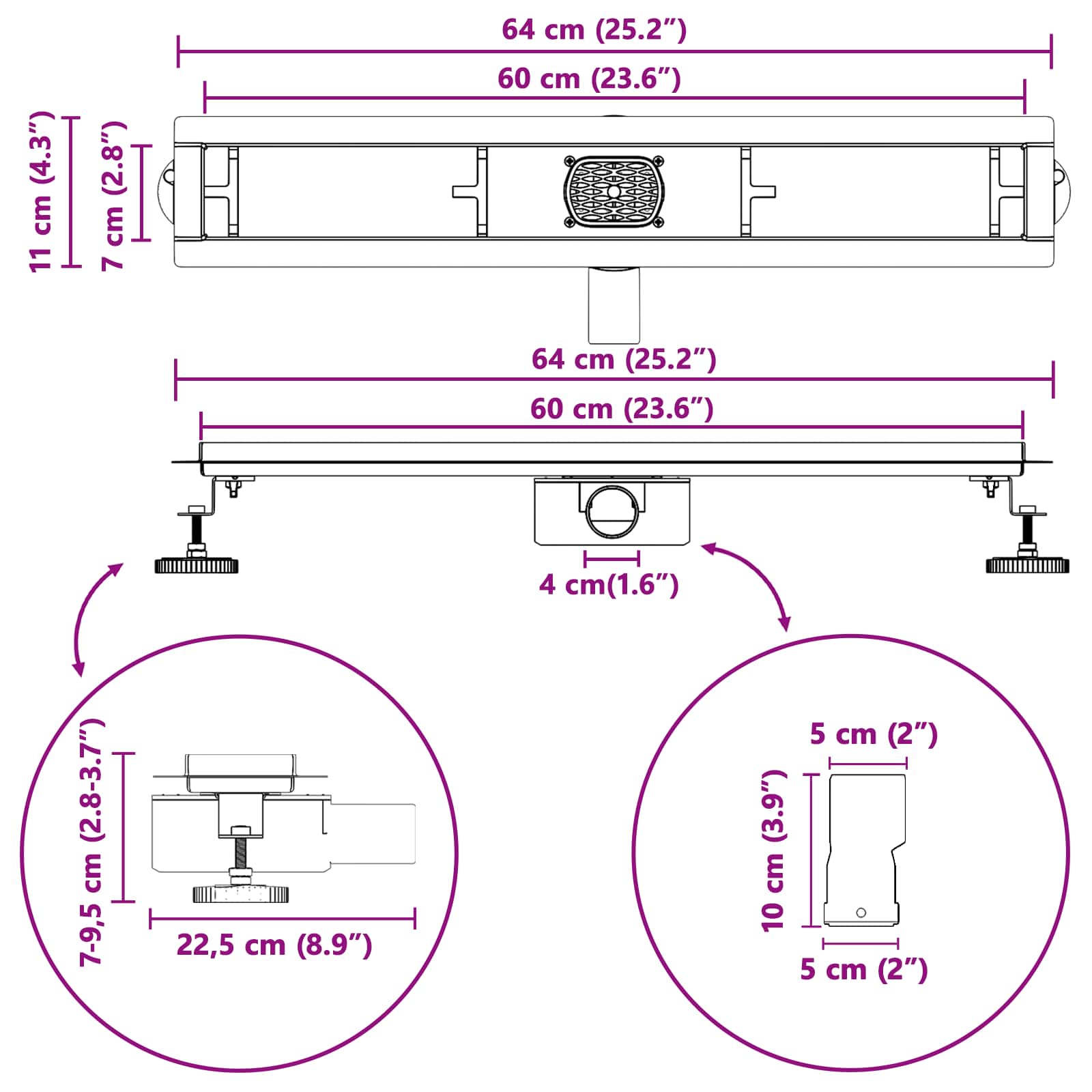Doucheafvoer 2-in-1 met 360° Sifon Zilver 60 cm