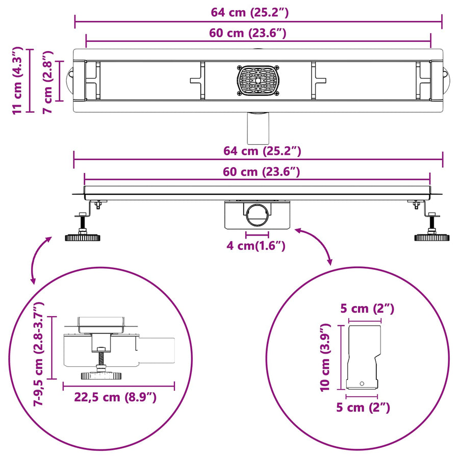 Doucheafvoer 2-in-1 met 360° Sifon Zilver 60 cm