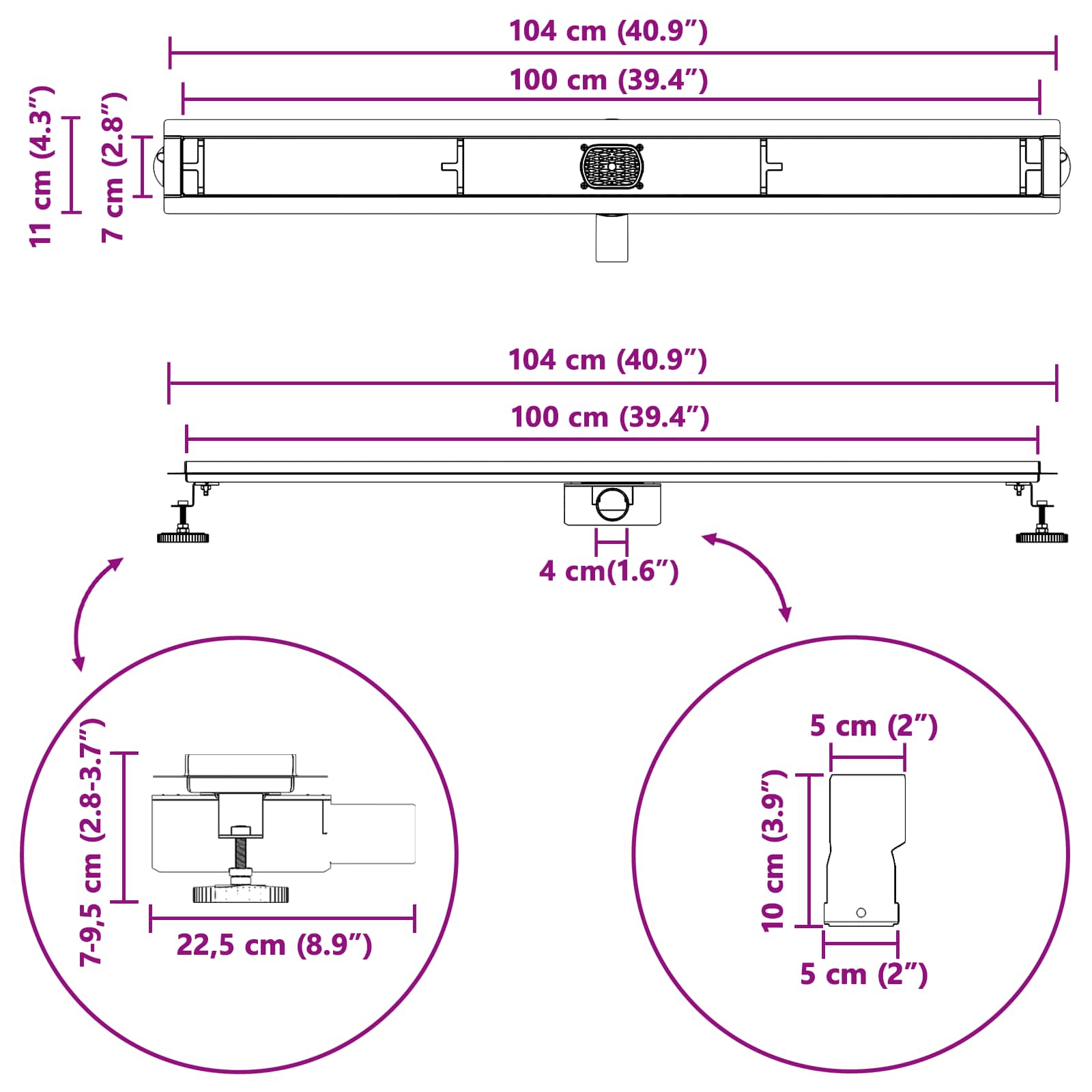 Doucheafvoer 2-In-1 Met 360° Sifon 100 cm Zilver