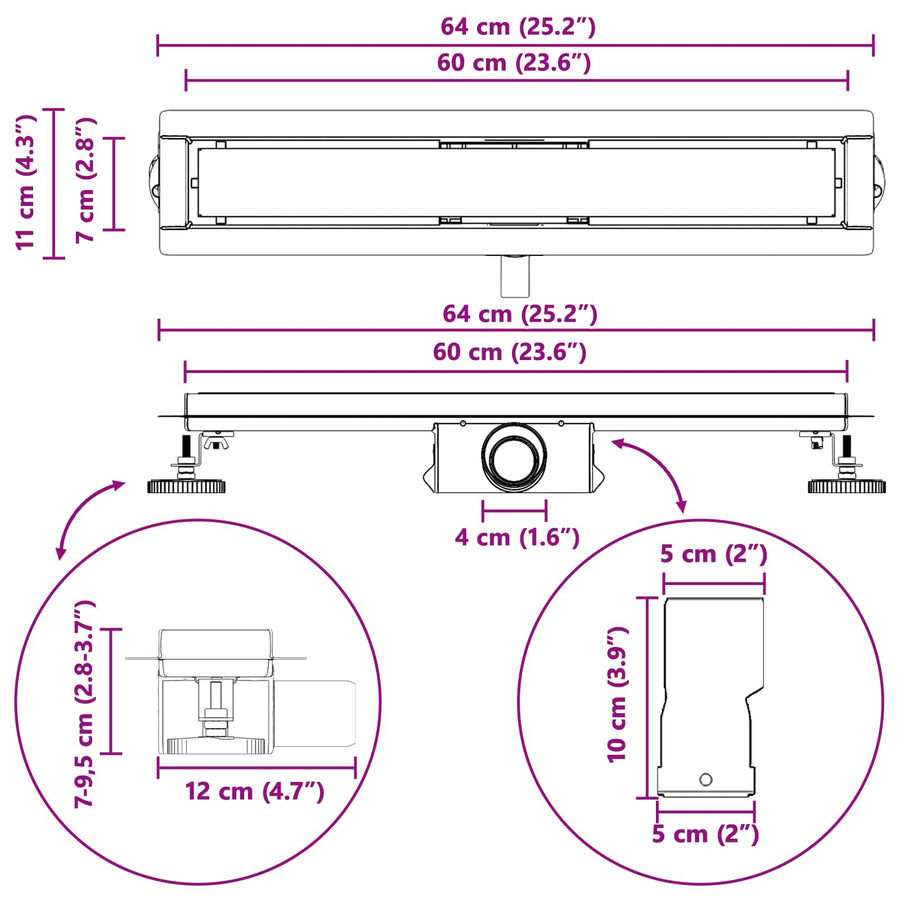 2 In 1 Doucheafvoer Roestvrij Staal 304 60 cm Zwart