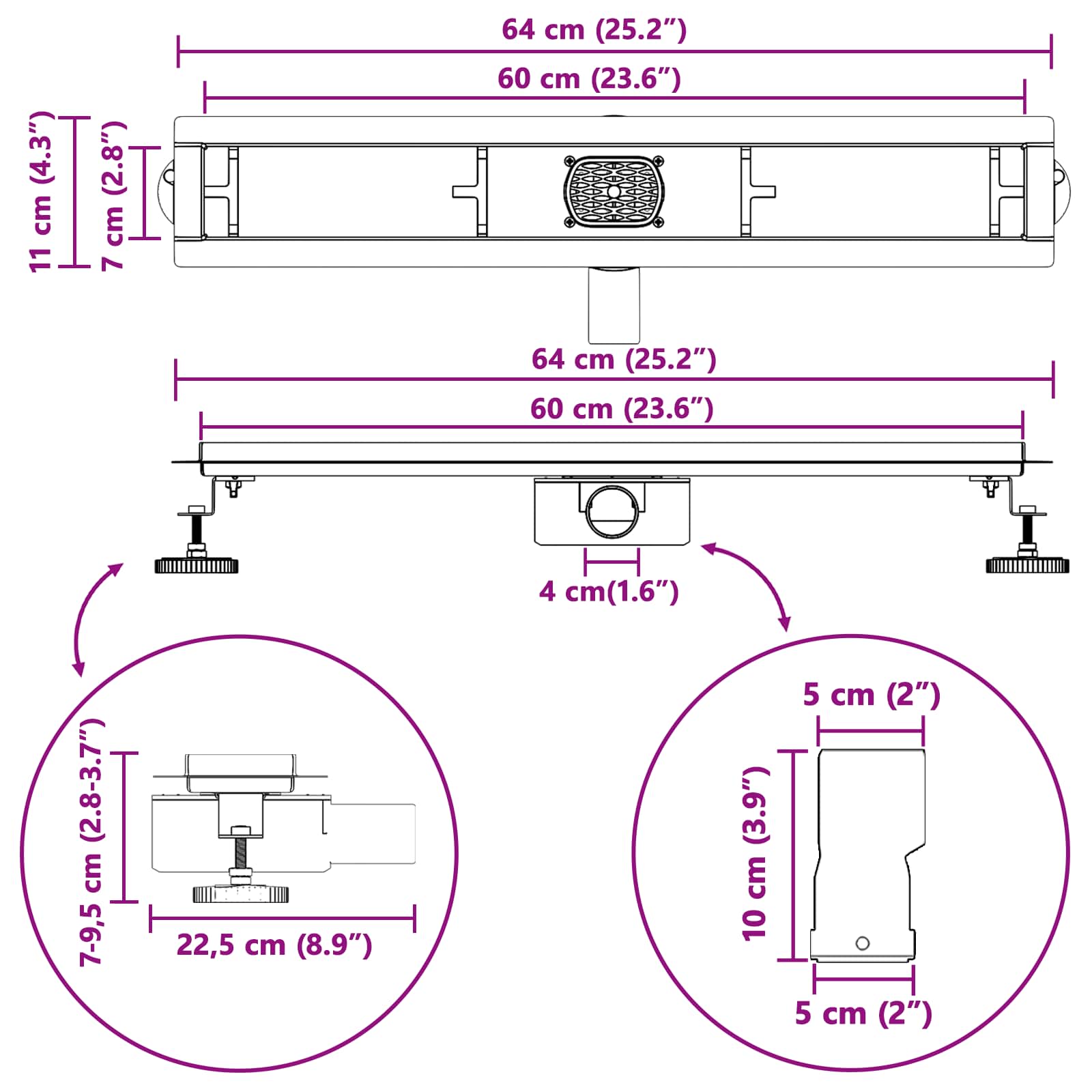 Doucheafvoer 2-In-1 Met 360° Sifon 60 cm Zwart