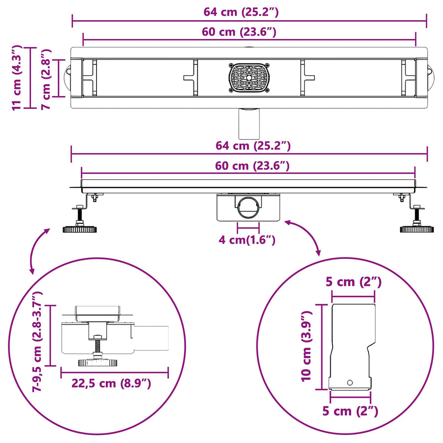Doucheafvoer 2-In-1 Met 360° Sifon 60 cm Zwart