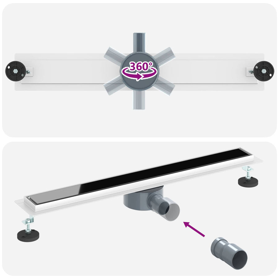 Doucheafvoer Glasdeksel met 360° Sifon Zwart 70 cm