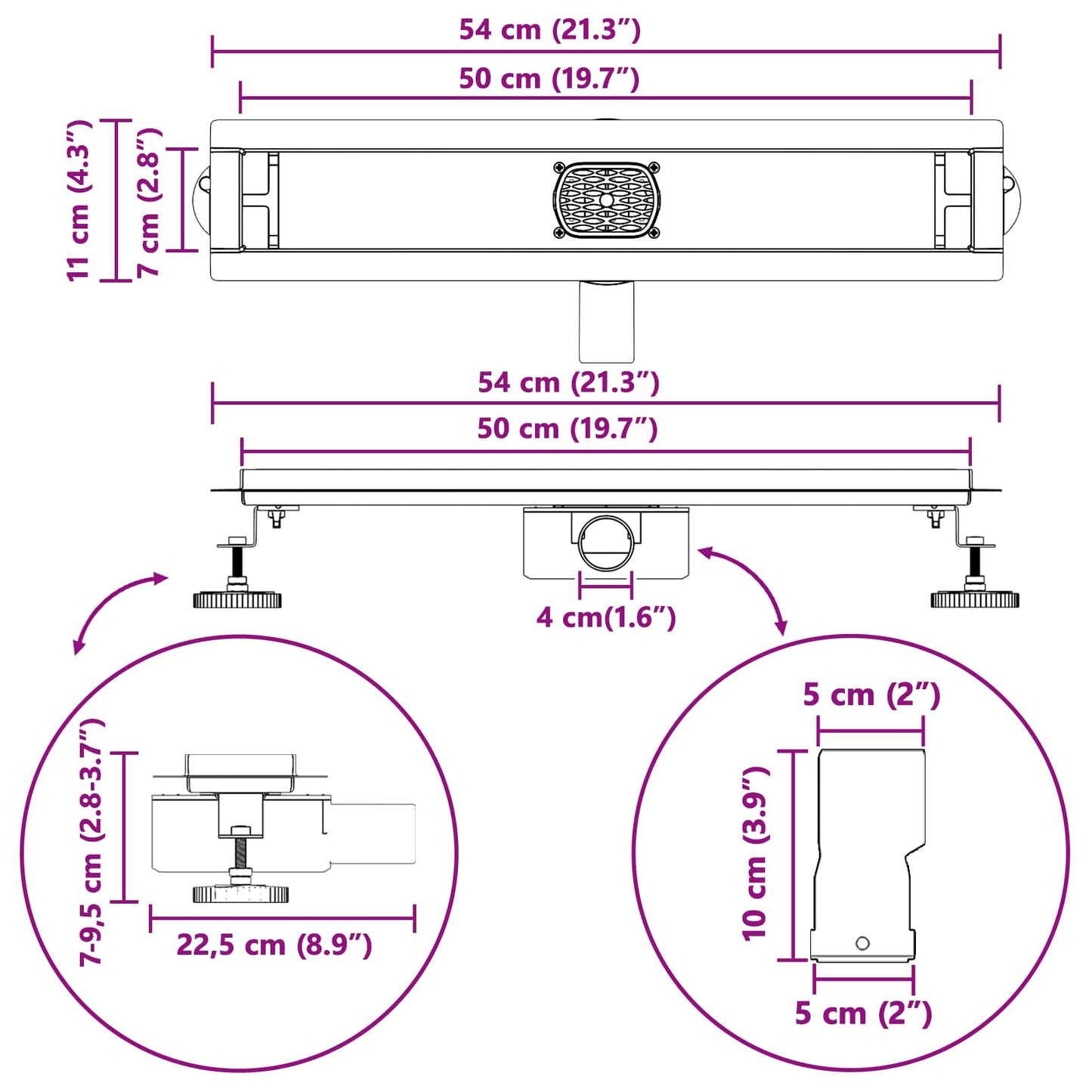 Doucheafvoer 2-In-1 Met 360° Sifon 50 cm Zwart