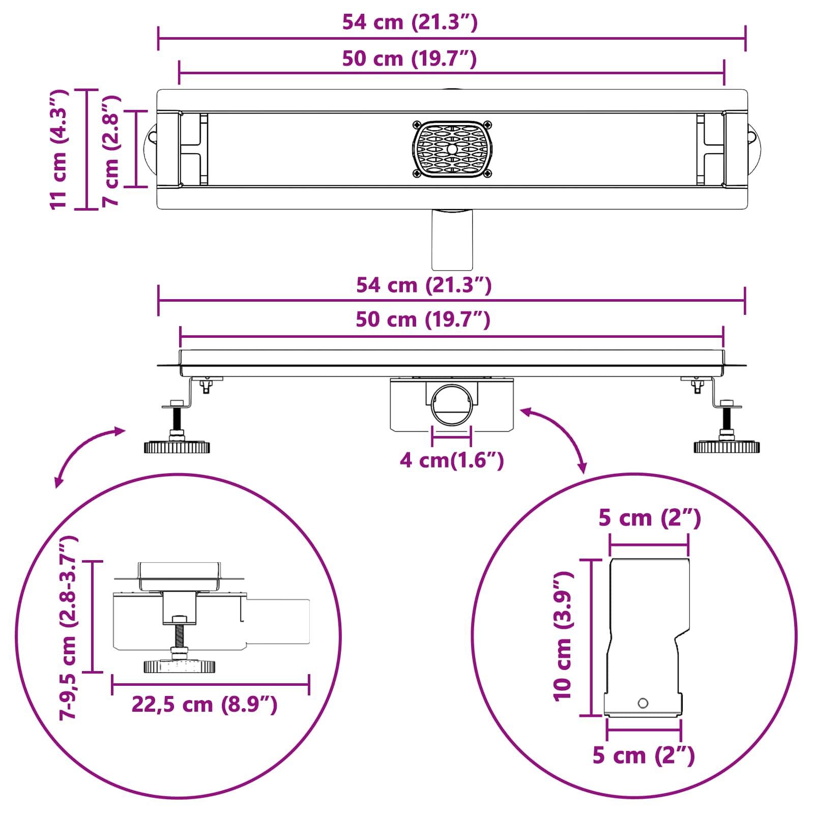 Doucheafvoer 2-In-1 Met 360° Sifon 50 cm Zwart