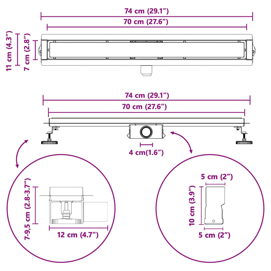 Doucheafvoer met Glazen Deksel Zilver 70 cm Roestvrij staal 304