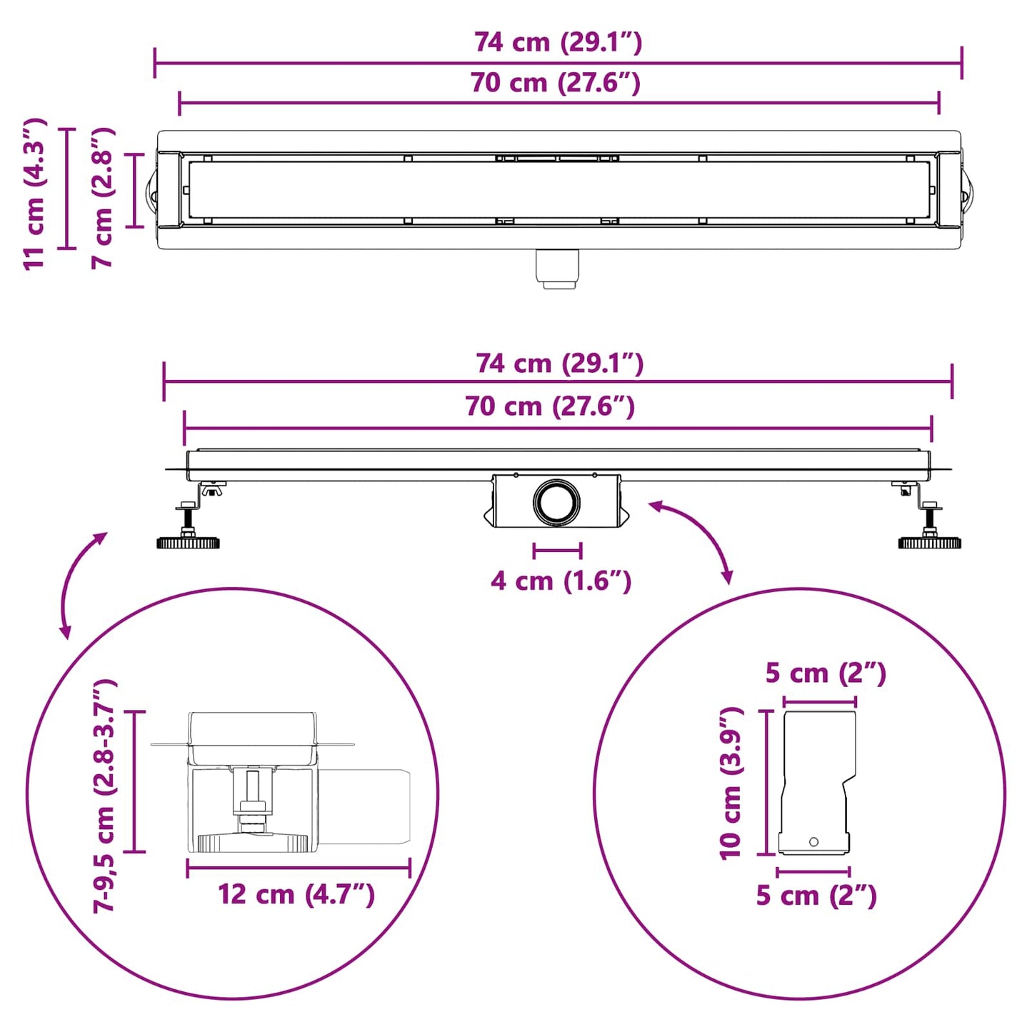 2 In 1 Doucheafvoer Roestvrij Staal 304 70 cm Zwart