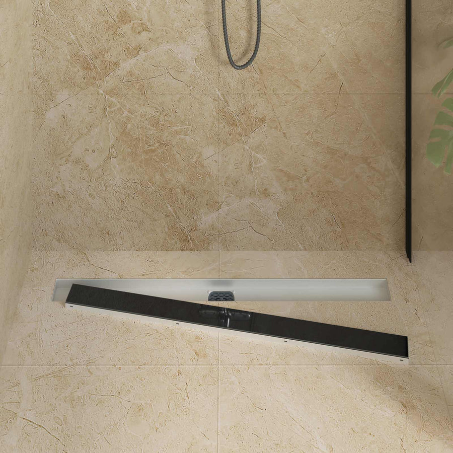 Doucheafvoer Glasdeksel met 360° Sifon Zwart 90 cm