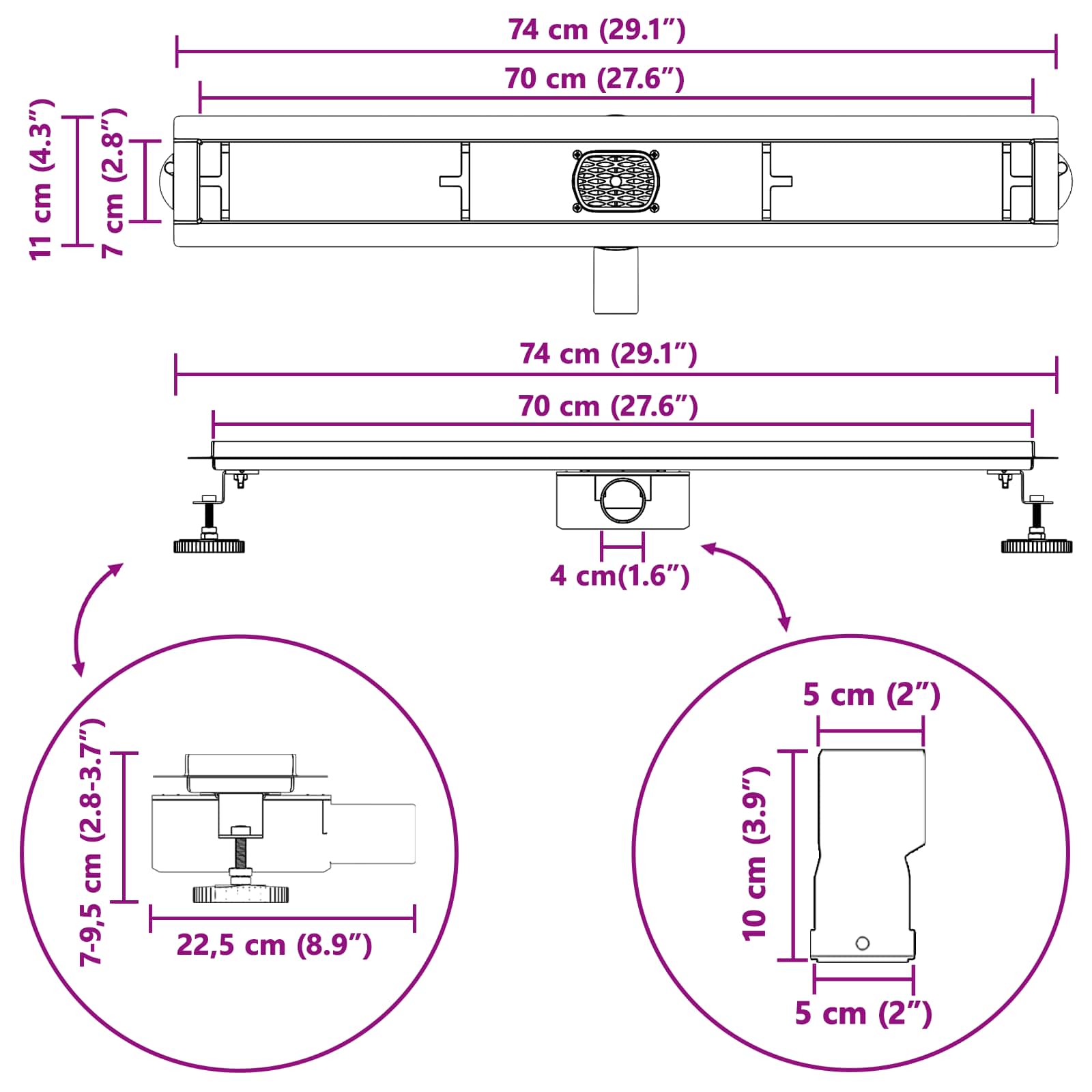 Doucheafvoer 2-In-1 Met 360° Sifon 70 cm Zwart