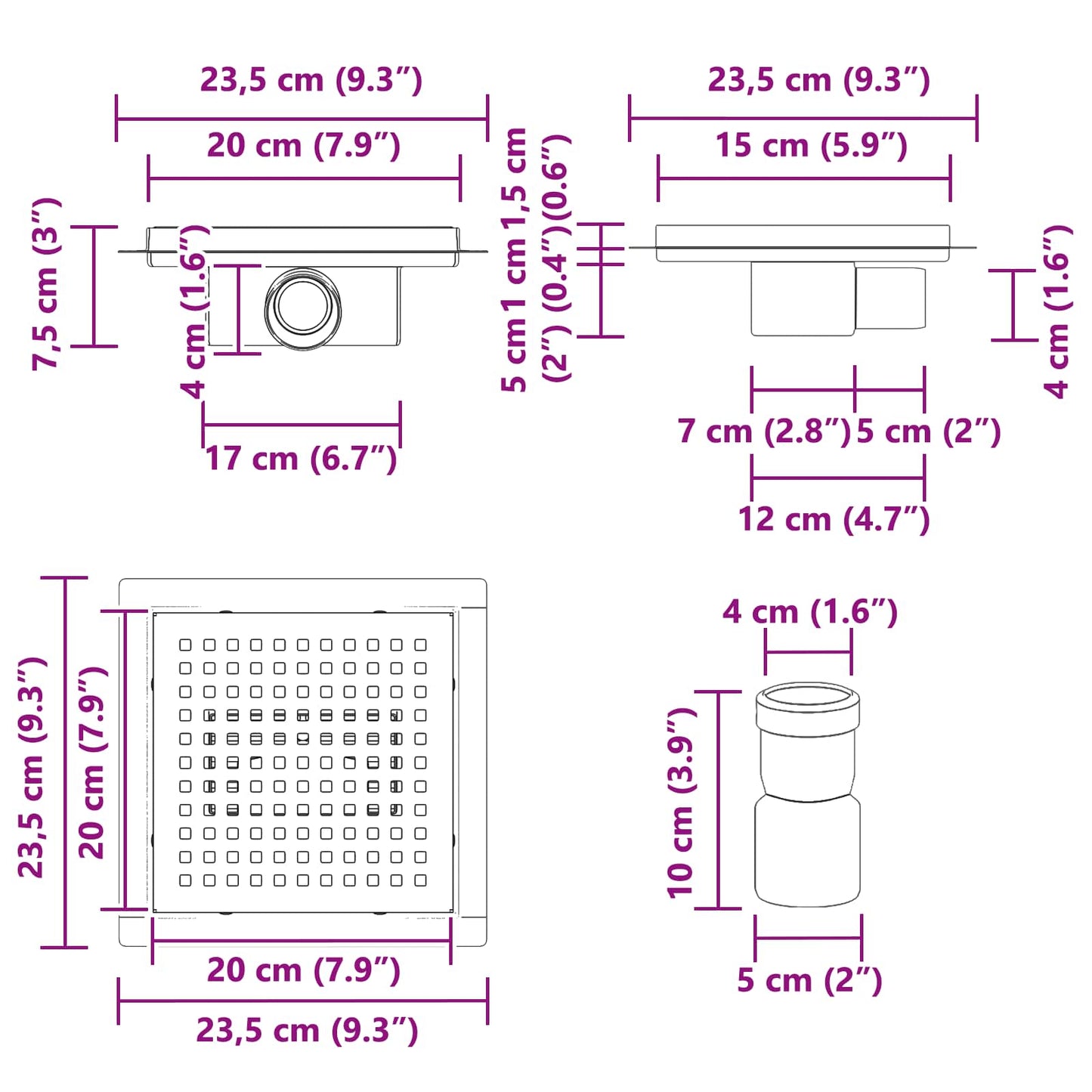 2 in 1 doucheafvoer Zilver 20 x 20 cm Roestvrij staal 304