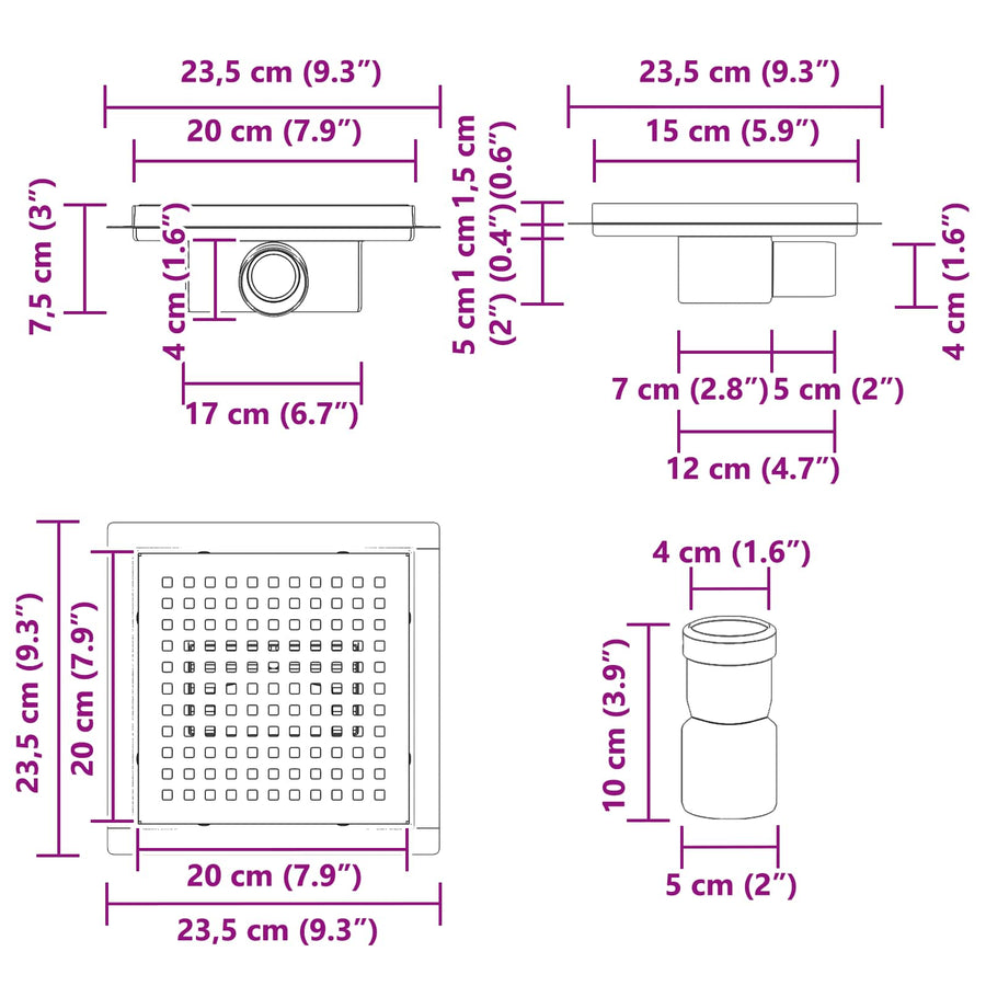 2 in 1 doucheafvoer Zilver 20 x 20 cm Roestvrij staal 304