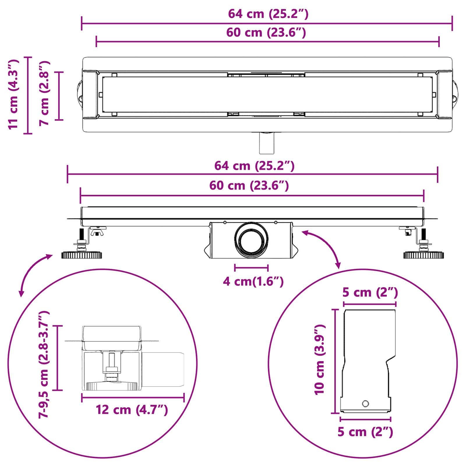 Doucheafvoer met Glazen Deksel Zilver 60 cm Roestvrij staal 304