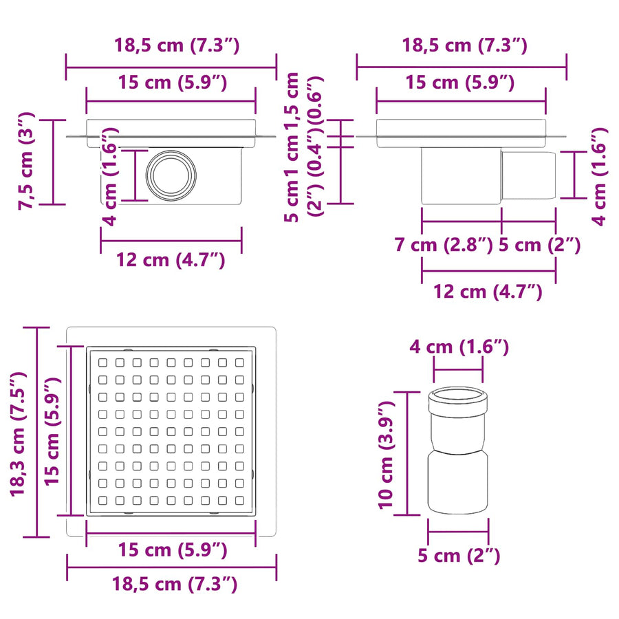 2 in 1 doucheafvoer Zilver 15 x 15 cm Roestvrij staal 304