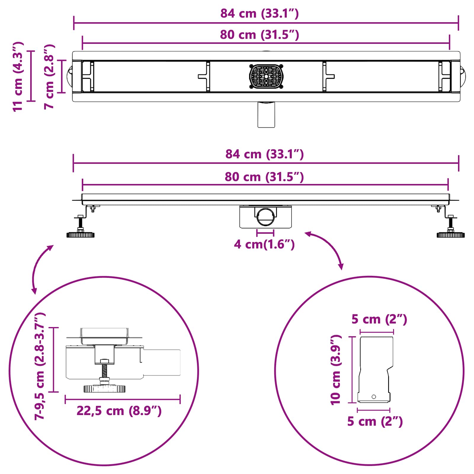 Doucheafvoer 2-in-1 met 360° Sifon Zilver 80 cm
