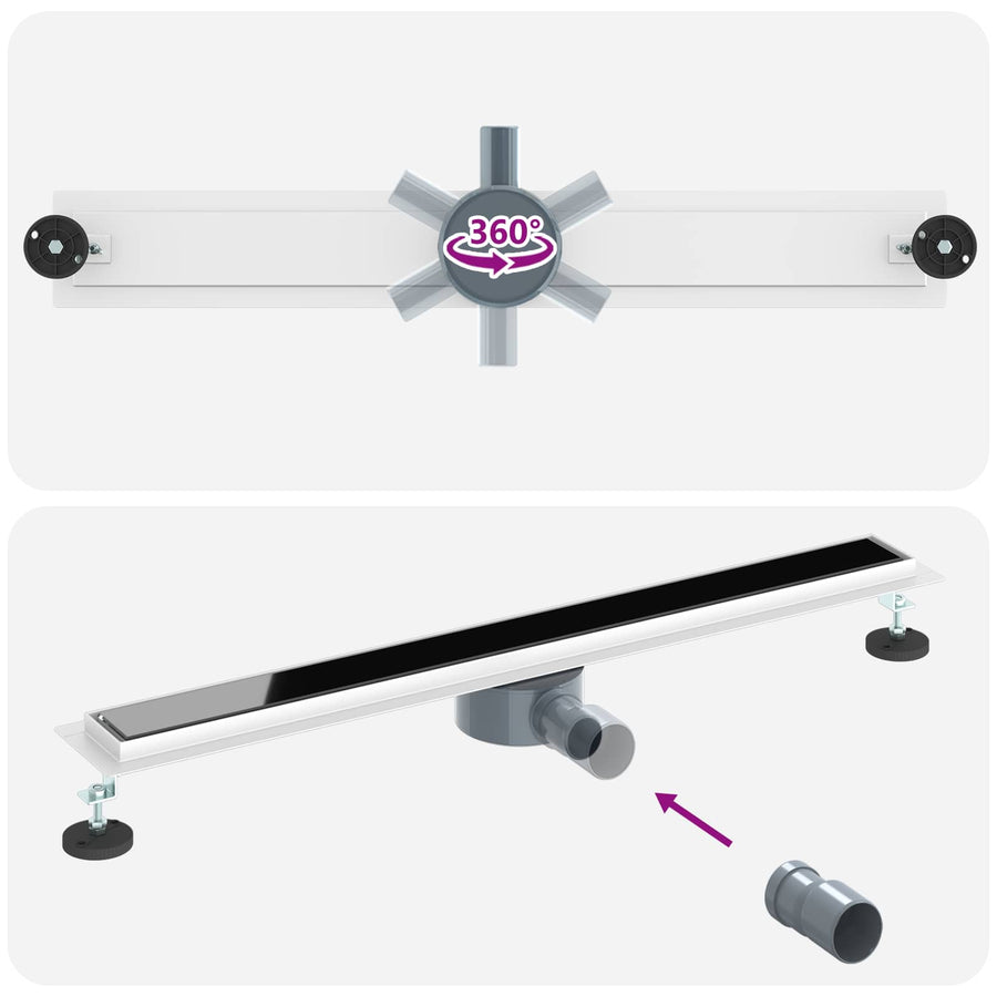 Doucheafvoer Glasdeksel met 360° Sifon Zwart 80 cm