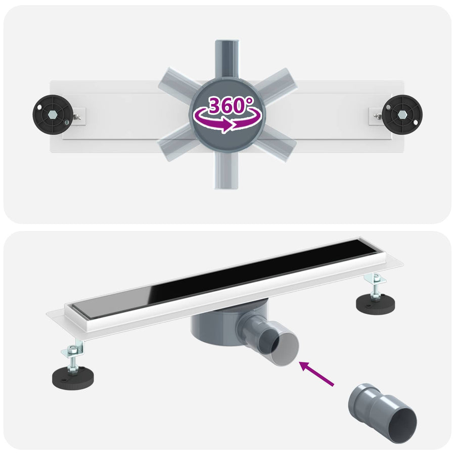Doucheafvoer Glasdeksel met 360° Sifon Zwart 50 cm