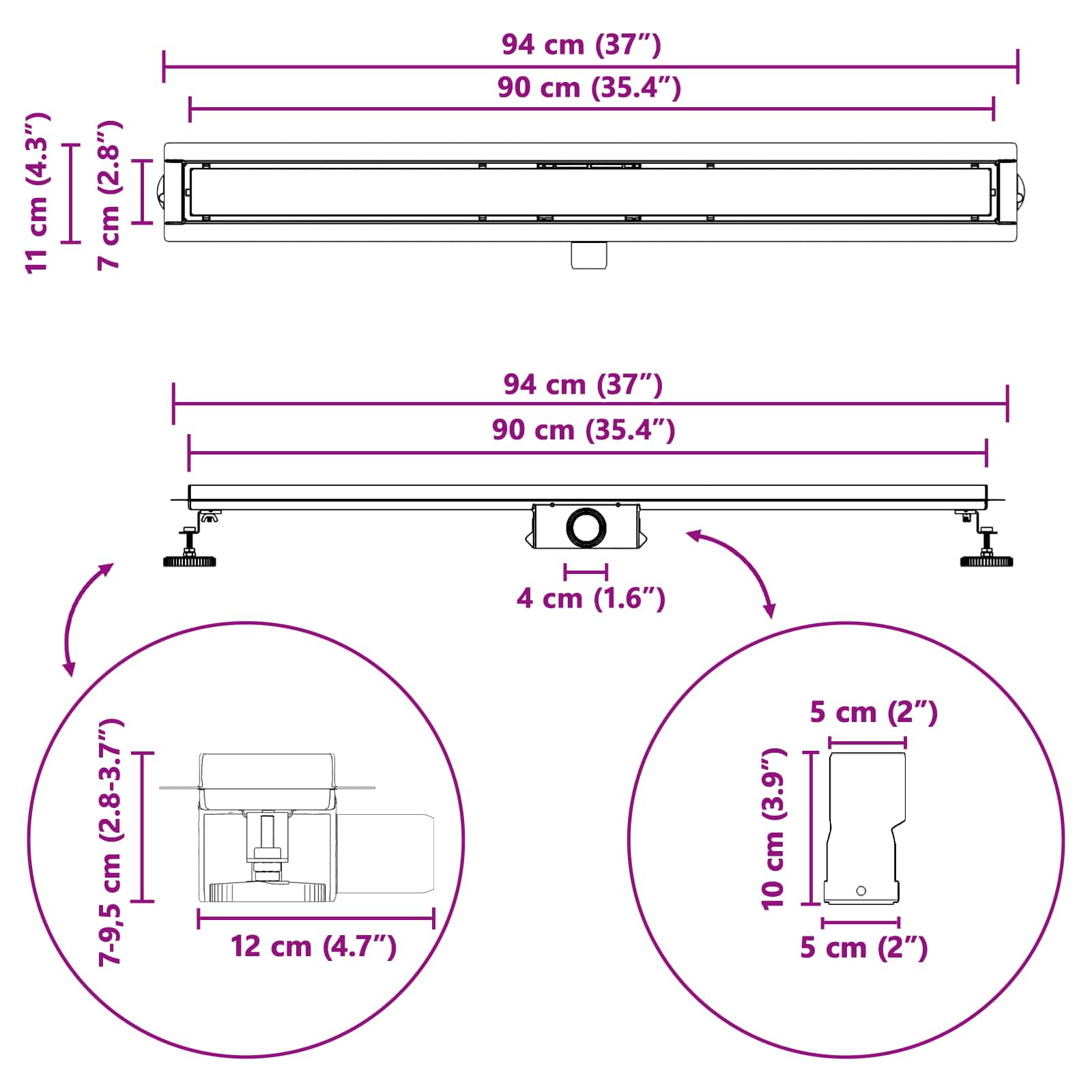 2 In 1 Doucheafvoer Roestvrij Staal 304 90 cm Zwart