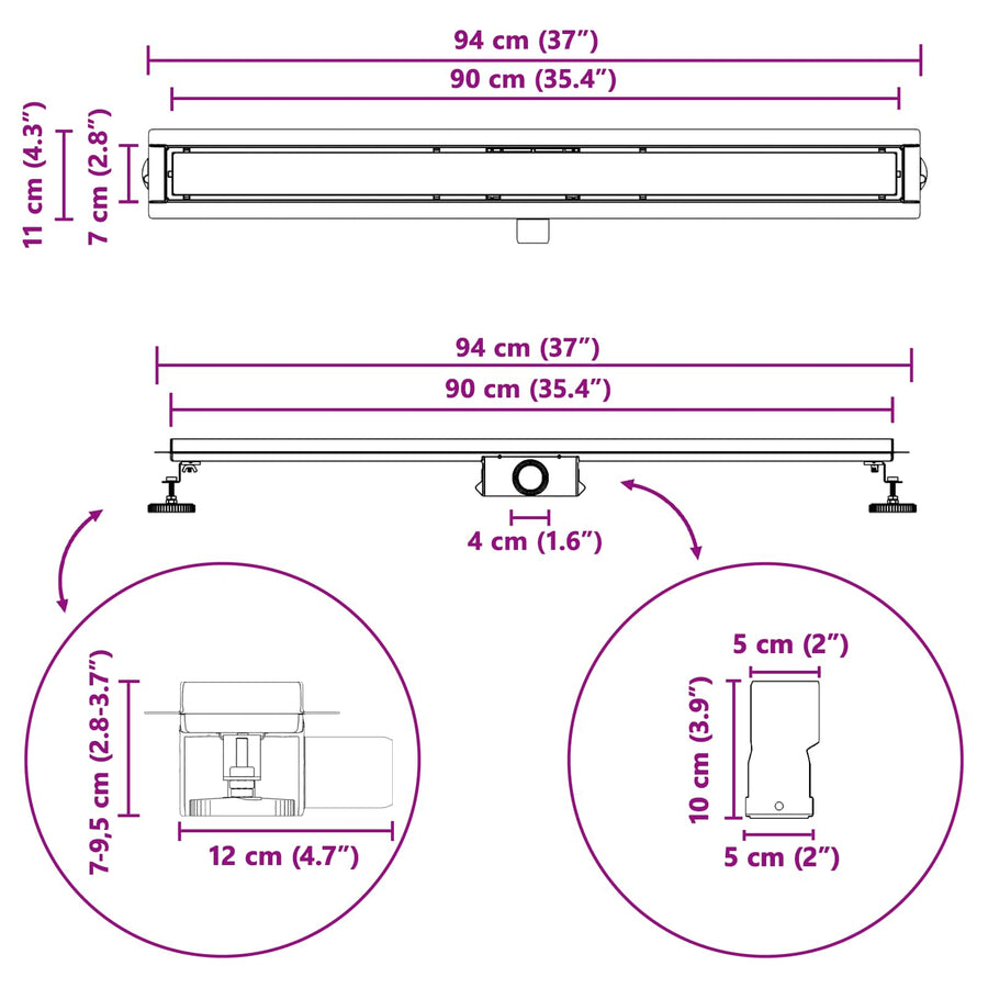 2 In 1 Doucheafvoer Roestvrij Staal 304 90 cm Zwart