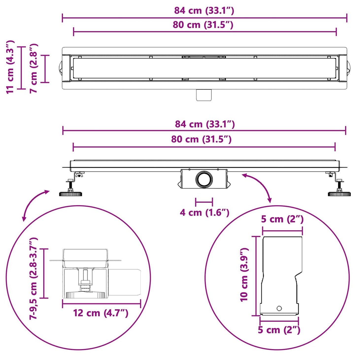 2 In 1 Doucheafvoer Roestvrij Staal 304 80 cm Zwart