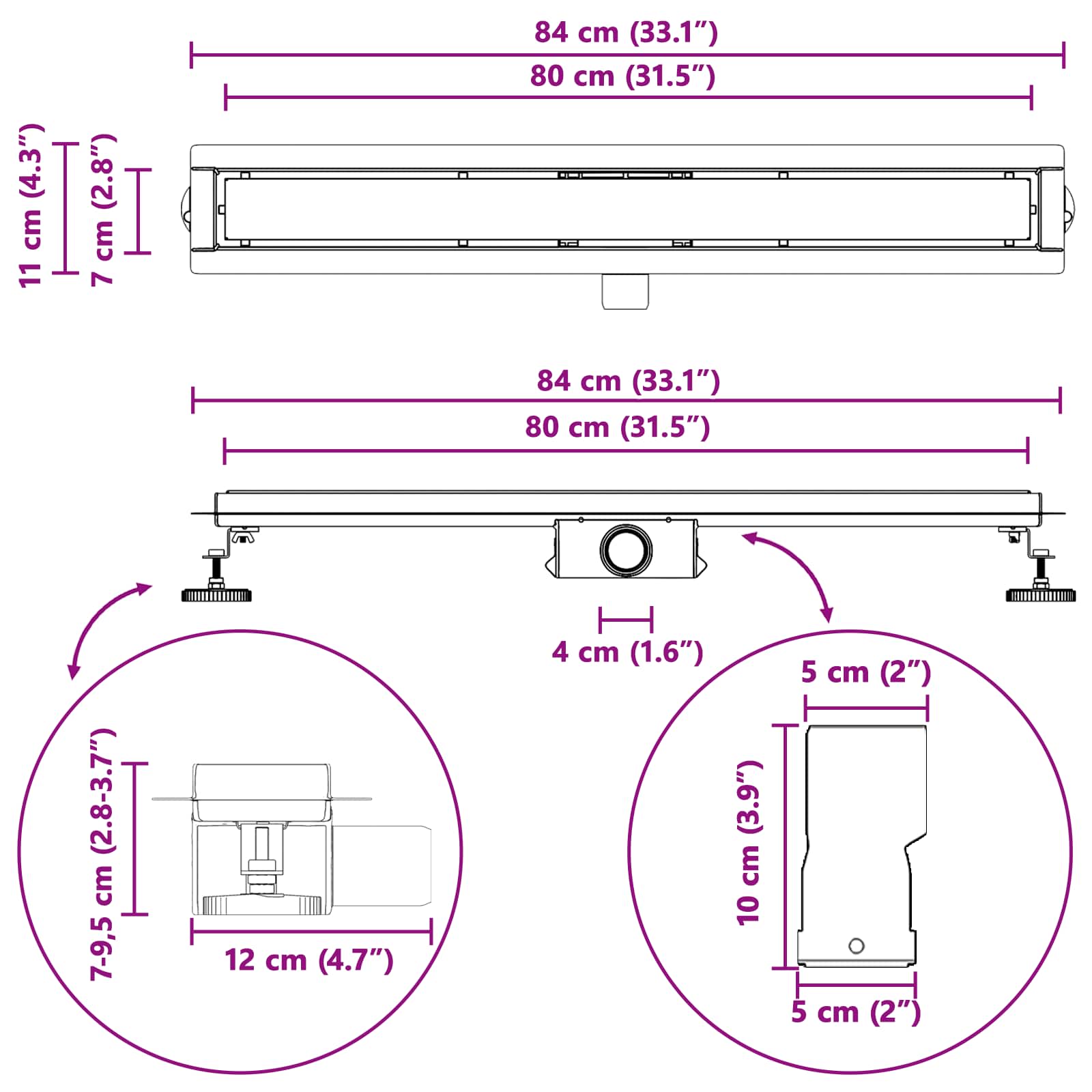 2 In 1 Doucheafvoer Roestvrij Staal 304 80 cm Zwart