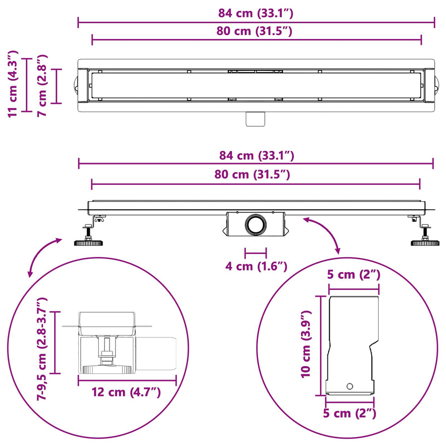 2 In 1 Doucheafvoer Roestvrij Staal 304 80 cm Zwart